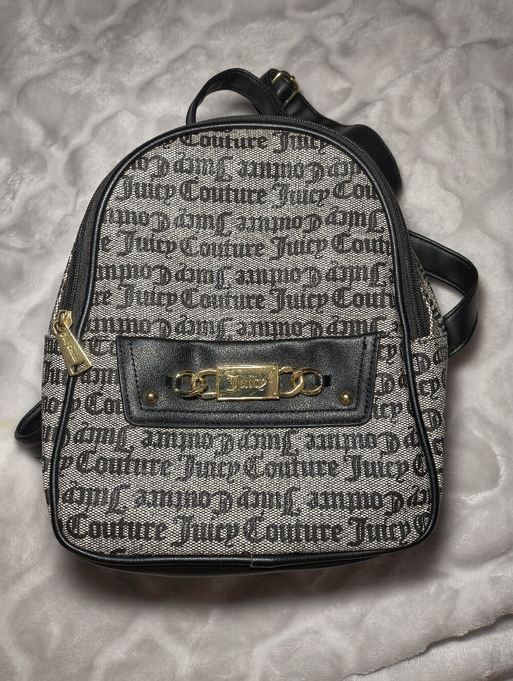 Juicy Couture Gothic Print Backpack Purse Black grey and gold